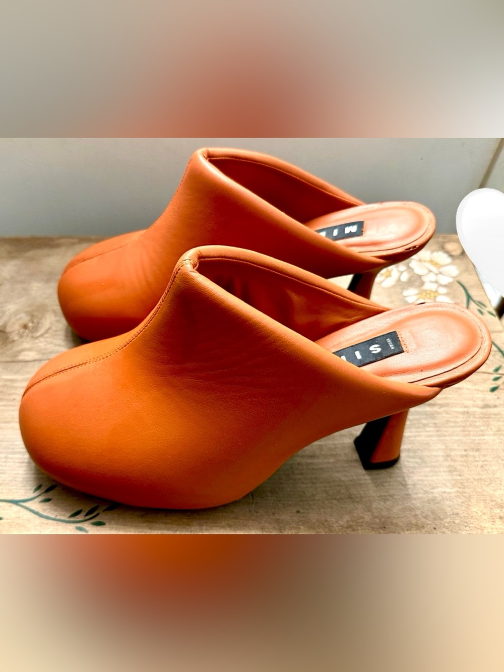 Orange Leather Slip-On Mule Heels